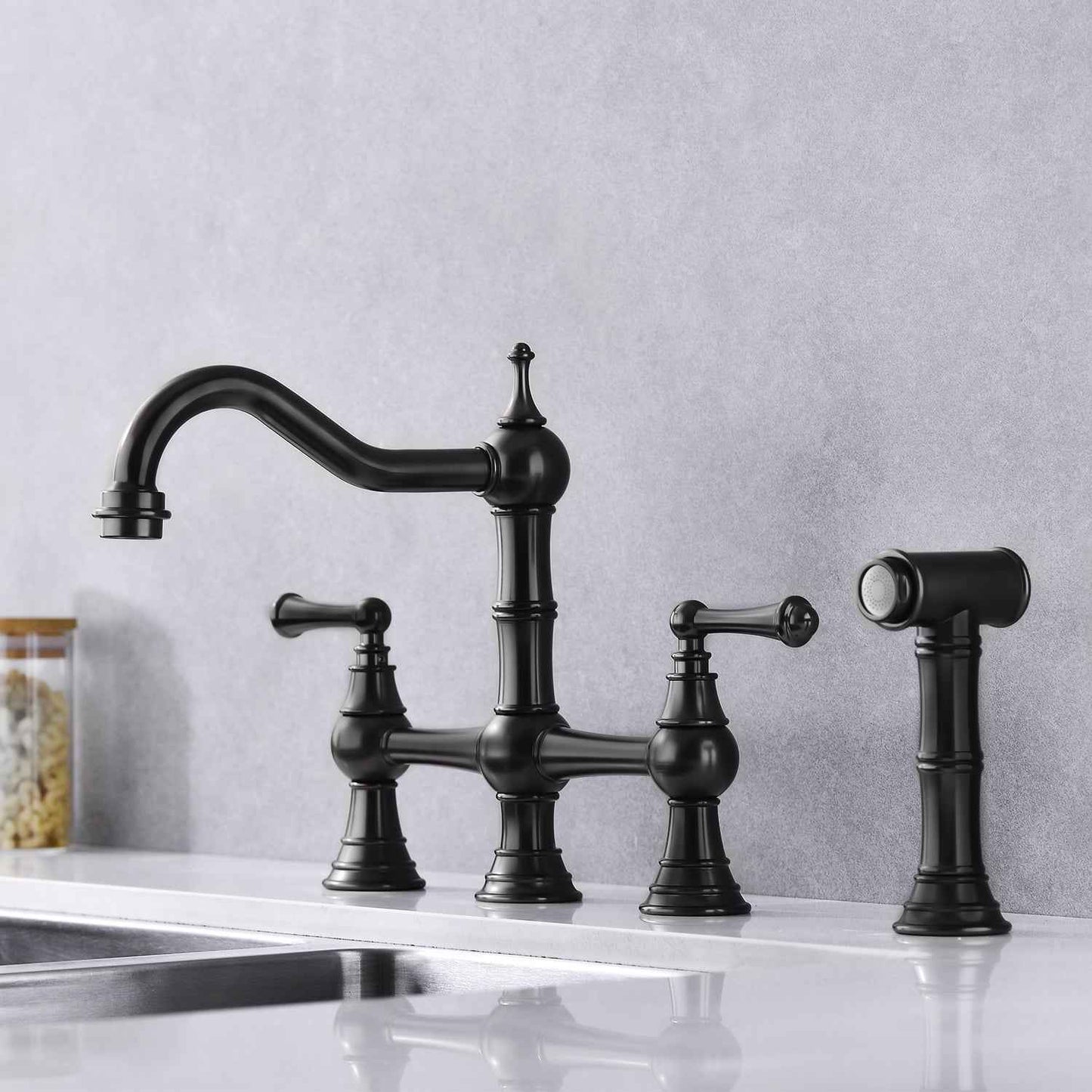 Ipote Bridge Widespread Kitchen Faucet | Pull-Out Side Spray | Matte Black - Default - bridge faucet kitchen faucets