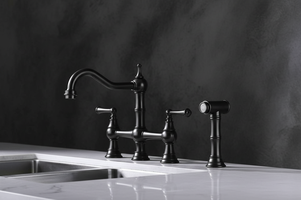 A three-hole bridge faucet set in matte black, featuring a high-arc gooseneck spout, two separate handles, and a matching side sprayer, installed on a white marble countertop against a dark textured wall.