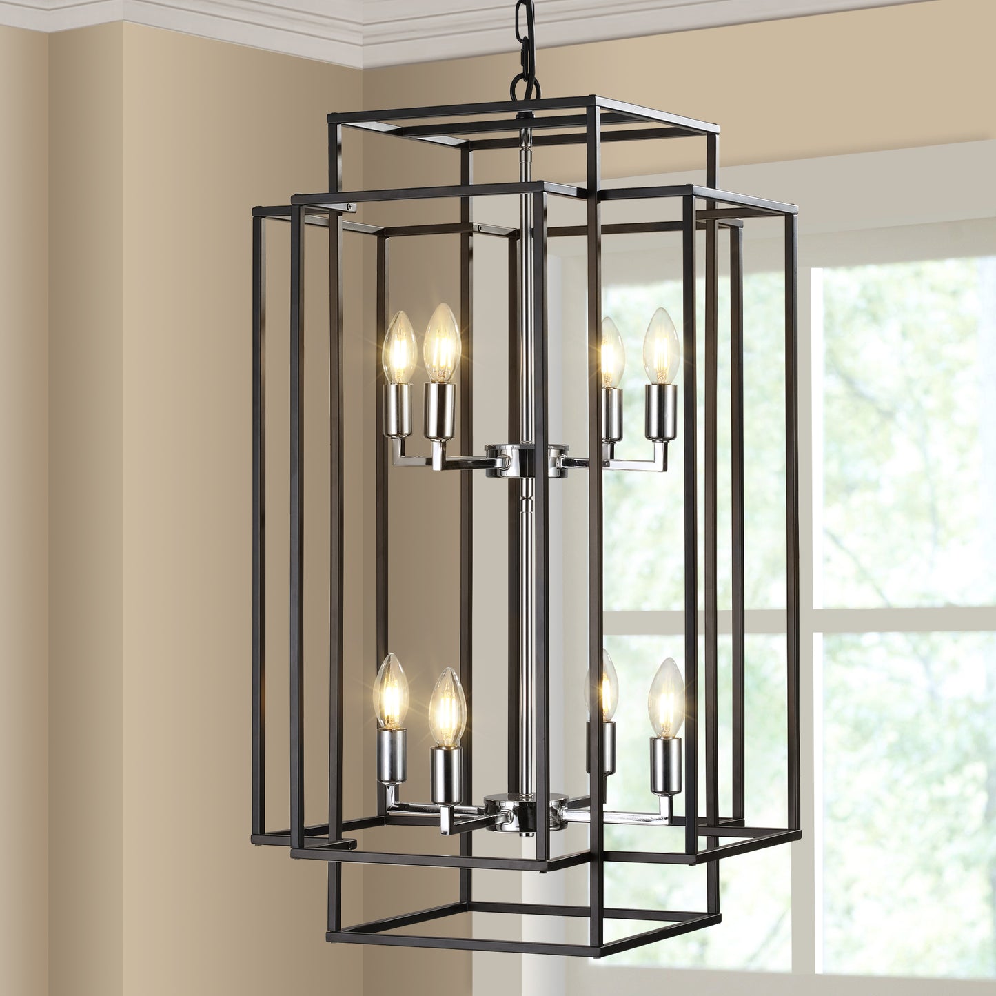 Jemani Industrial Metal Frame Pendant Chandelier | 8 Light Sources | Black & Silver - Default - chandeliers