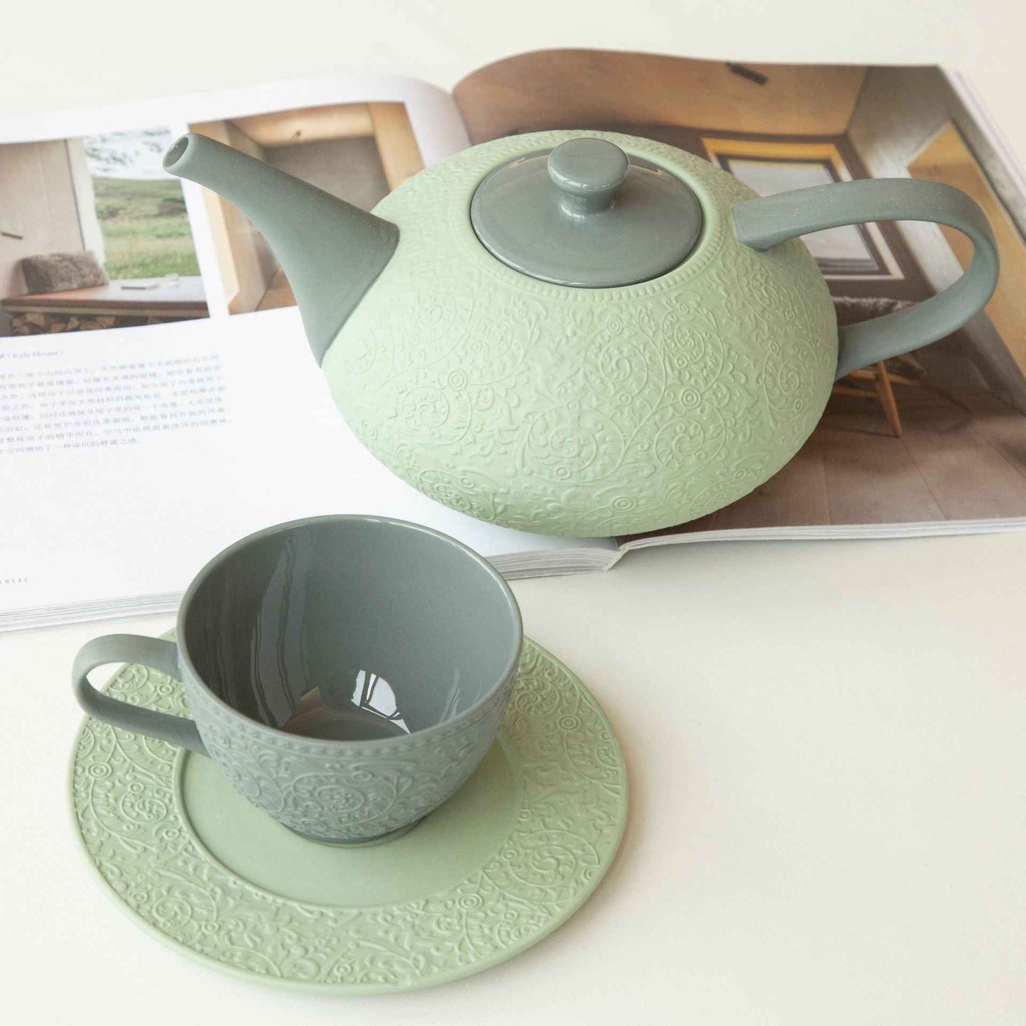 Ceramic Latte Vintage Coffee Cup & Saucer - Teapot - Ceramic cup light green teapot