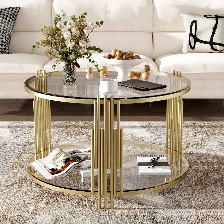 Ephothi Circular Tempered Glass Coffee Table | Stainless Steel Frame | Golden - Default - tables