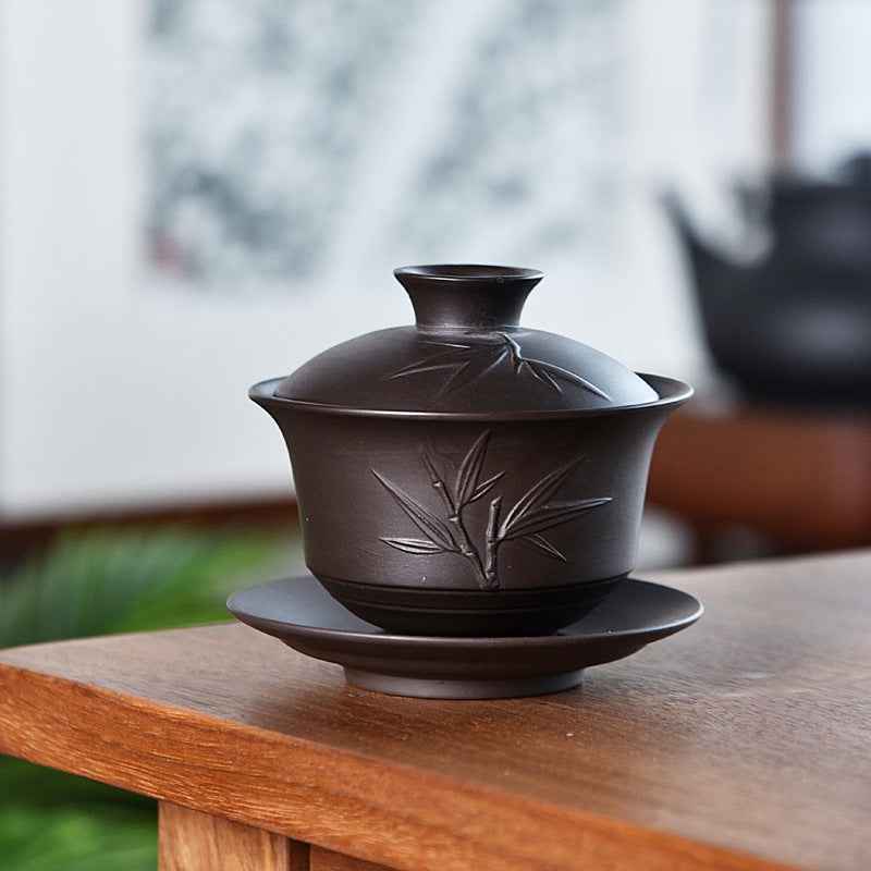 Ceramic Tea Cup With Tray - Bamboo - brown ceramic stoneware