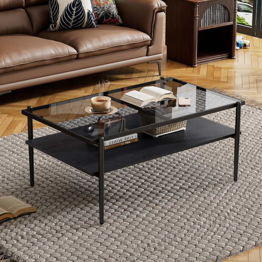 Nebat Rectangle Coffee Table | Gray Tempered Glass Top | Black - Default - tables