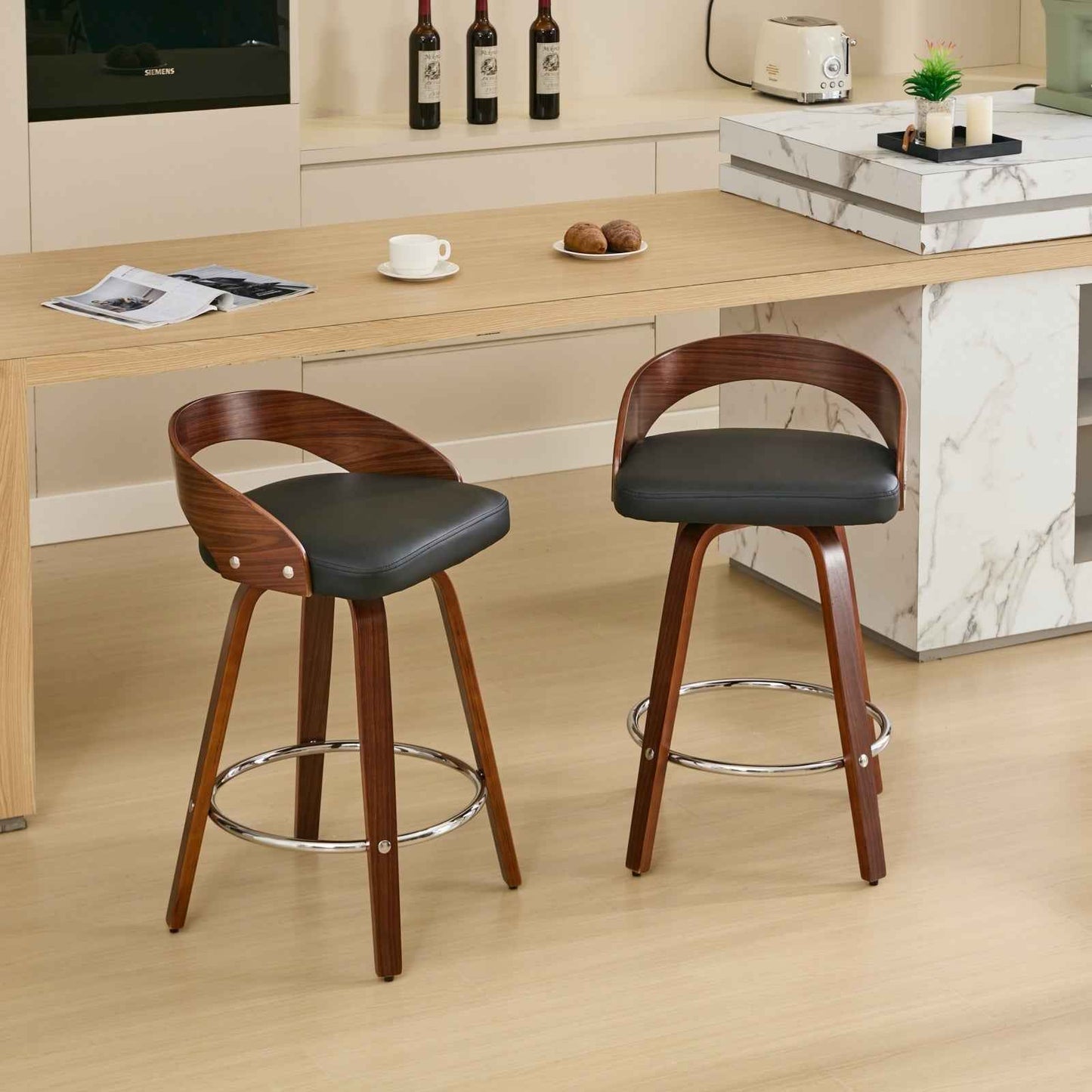 Deavon Mid-Century Swivel Bar Counter Stools | Set of 2 | Black & Walnut - Default - bar stools