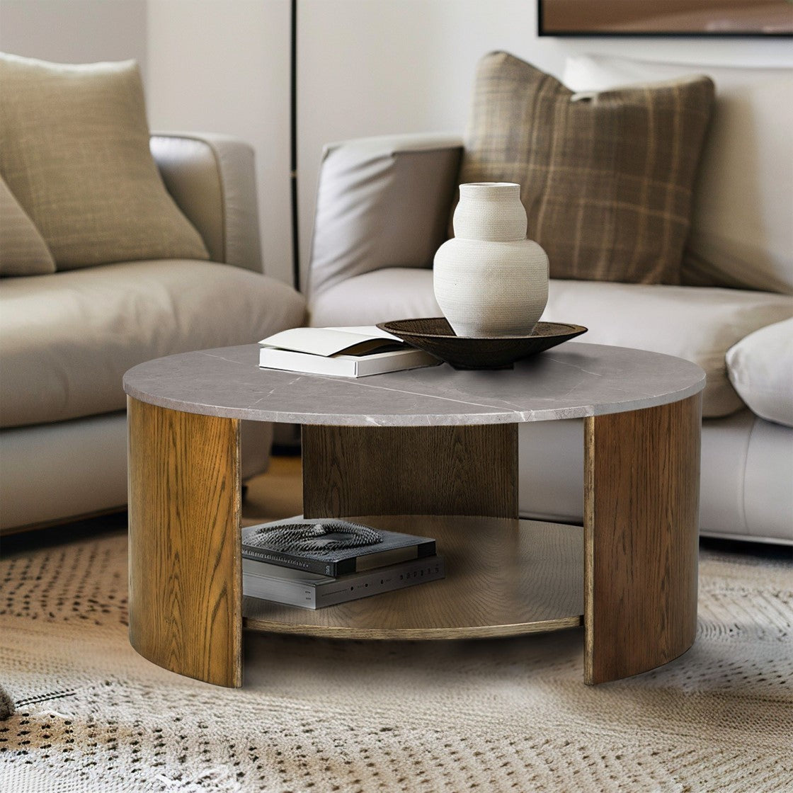 Zubesha Round Center Table | Grey Marble & Brown - Default - tables