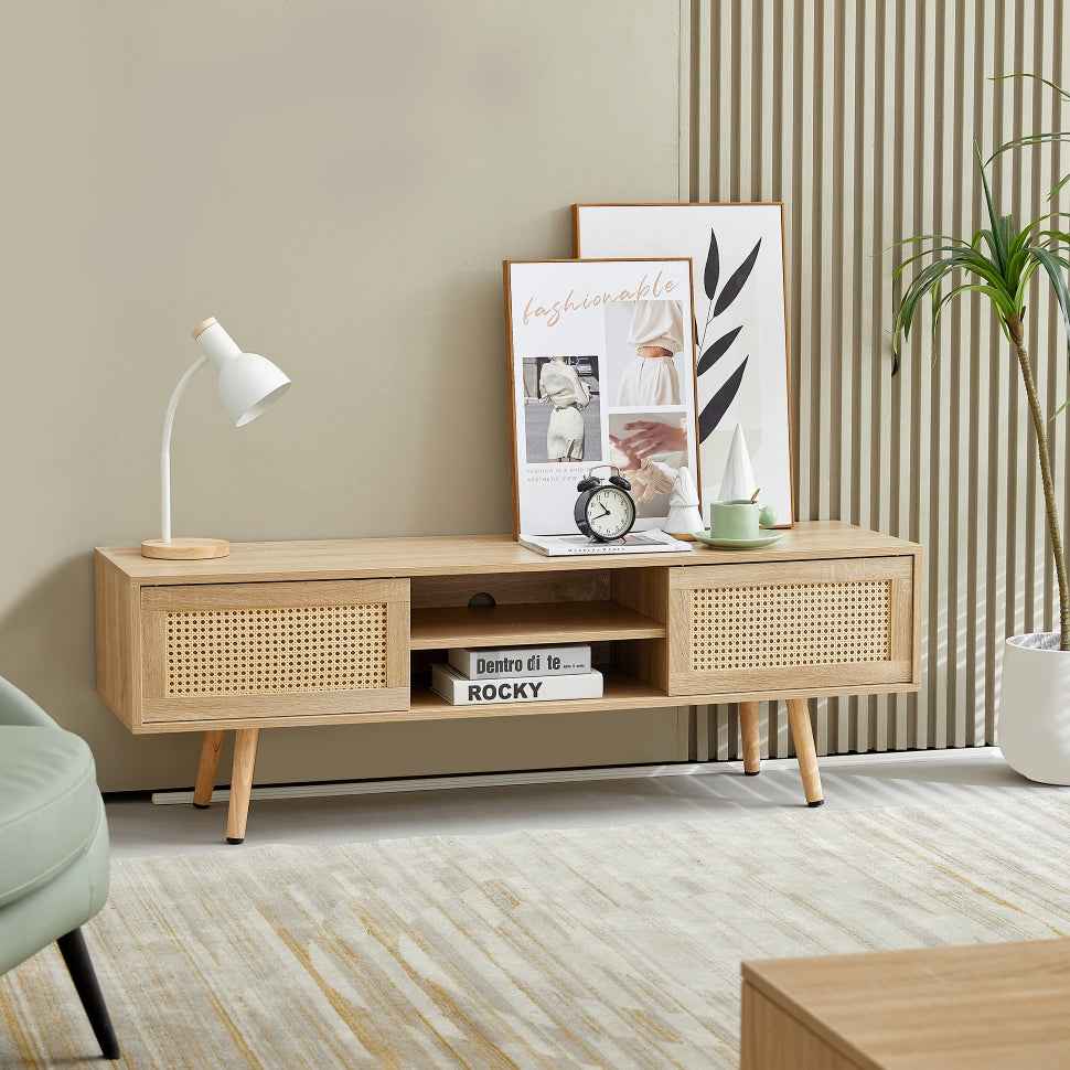 Euteni Mid-Century 55' Rattan TV Cabinet | Natural - Default - tv console