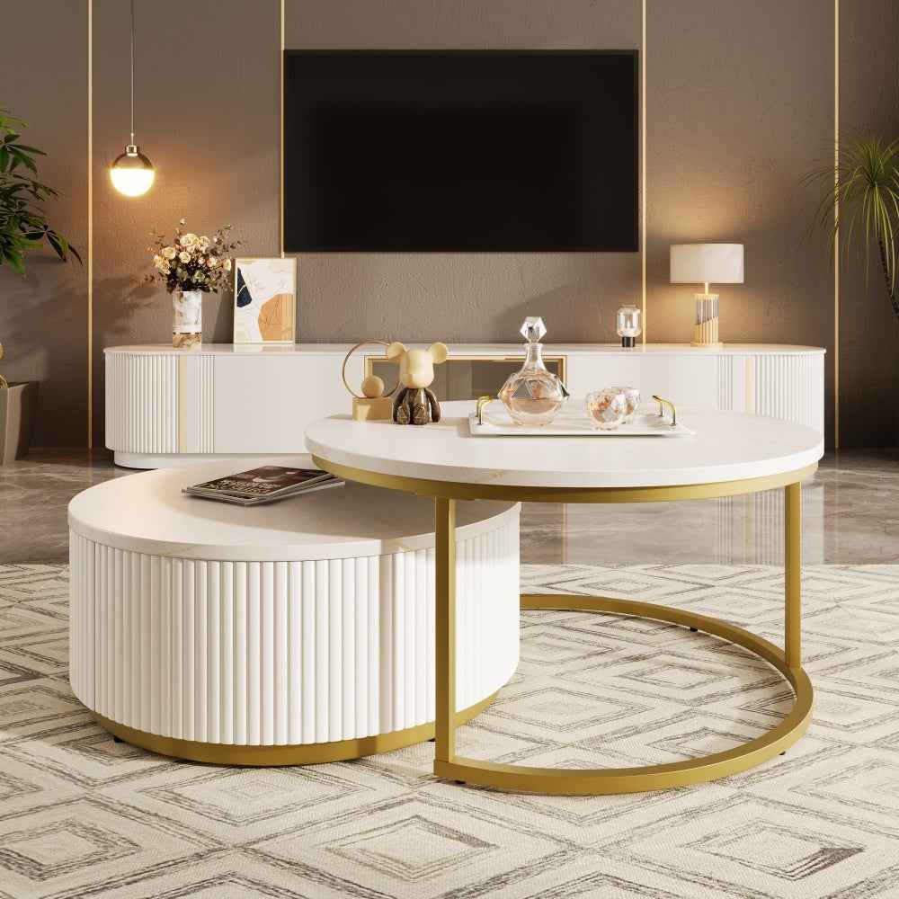 Celevus Modern Round Nesting Coffee Table | White & Gold - Default - tables