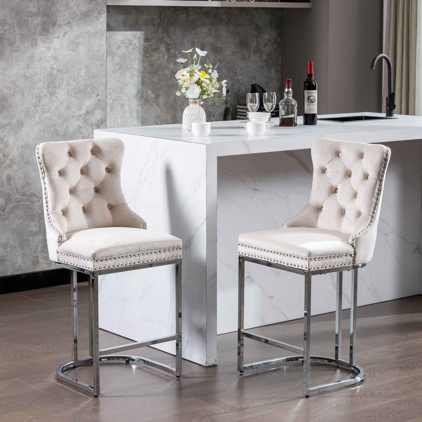 Aemina Classy Modern Bar Stools | Metal Legs | Set of 2 | Beige Velvet - Default - bar stools