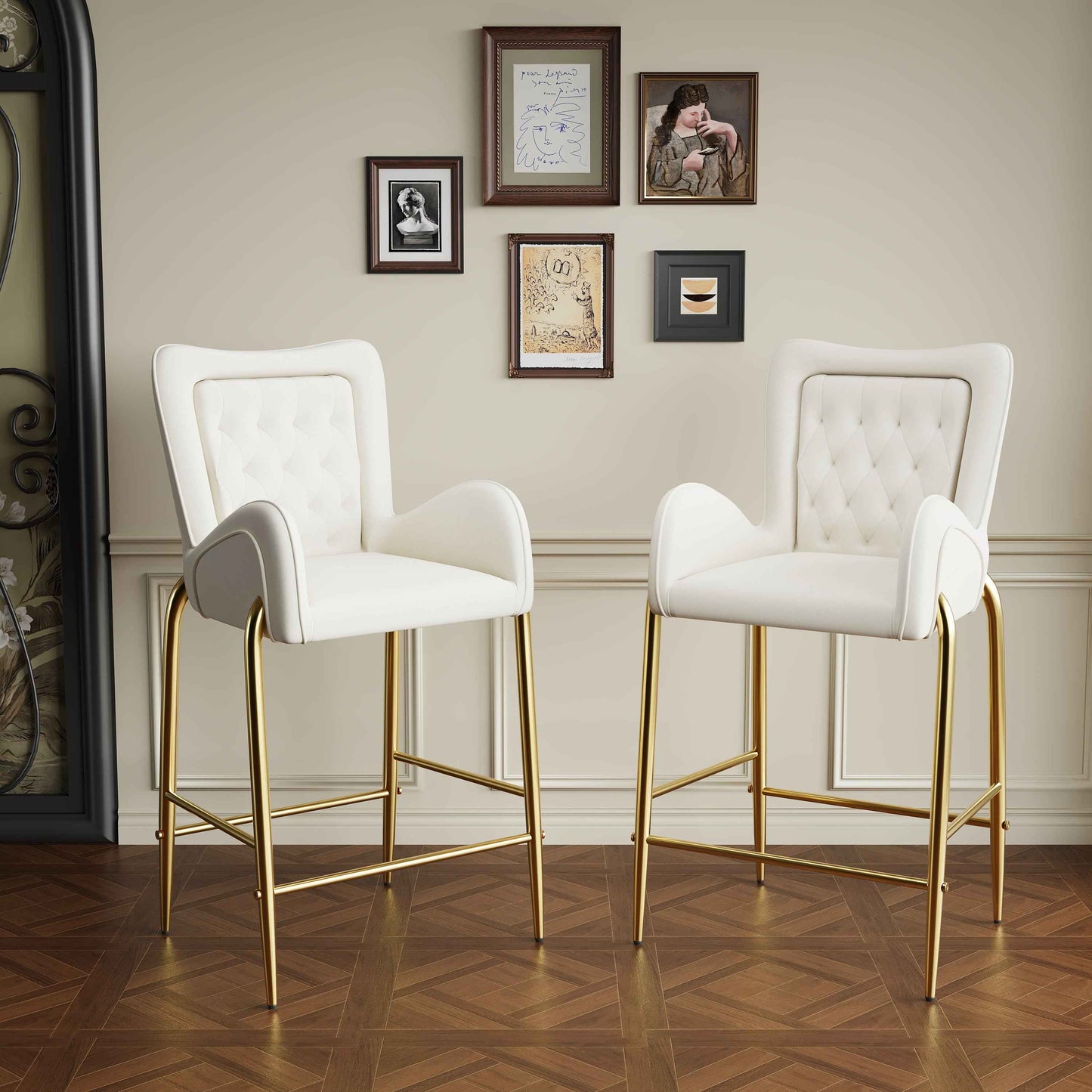 Elviles Counter Bar Stools | Set of 2 | White Velvet - Default - bar stools