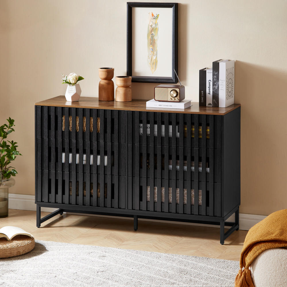 Nosard 6-Drawer Cabinet | Hight Quality Grille Striped Wood | Black - - black brown cabinet wood