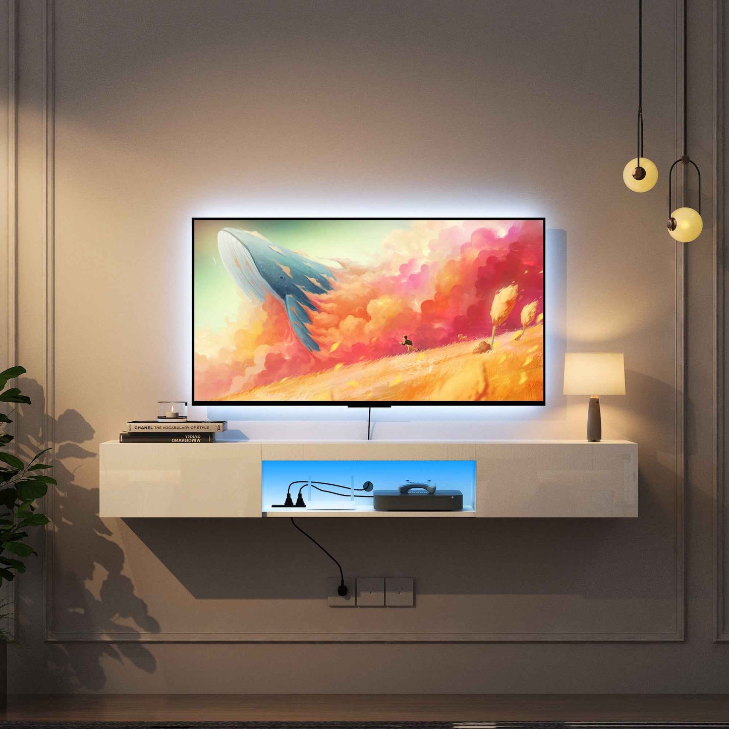 Erman Floating Wall Mounted TV Stand | LED Light | White - Default - tv console