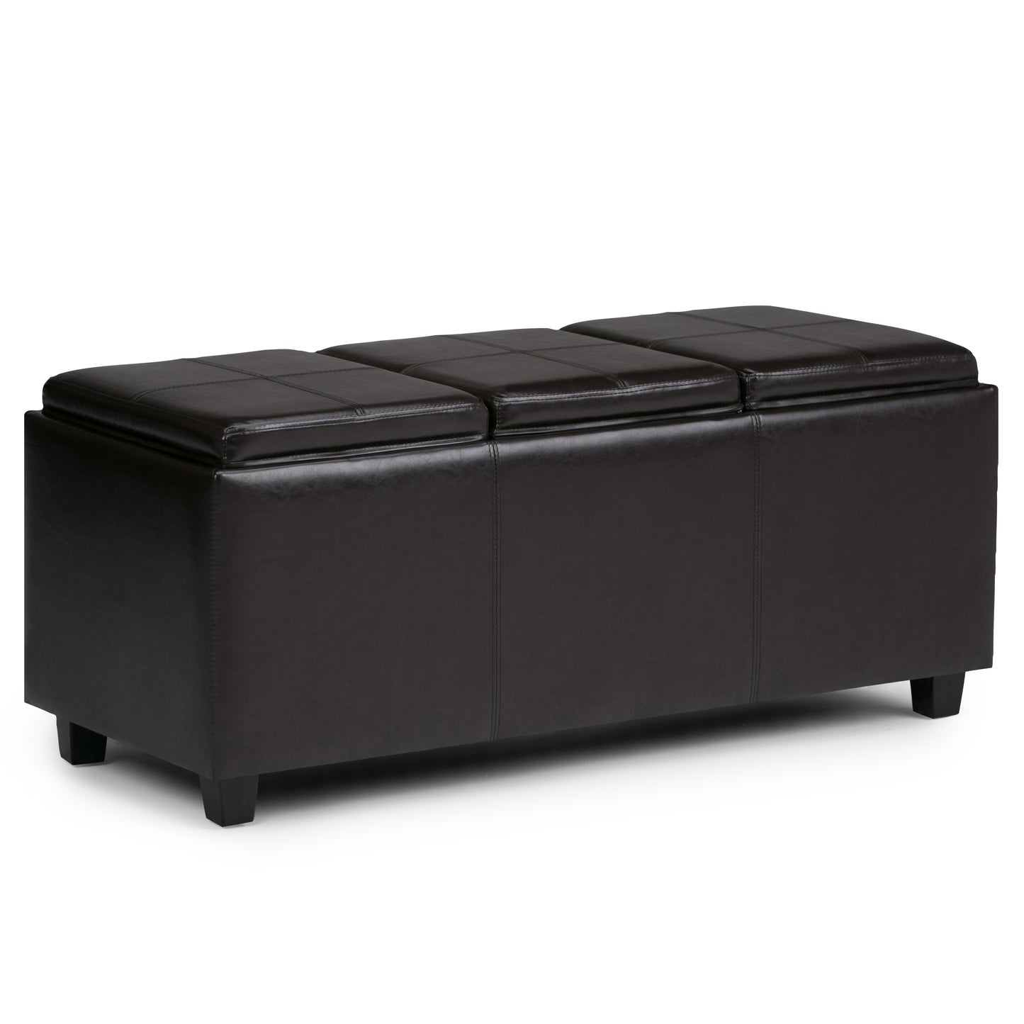 Black leather storage bench with four cushioned lids on a white background