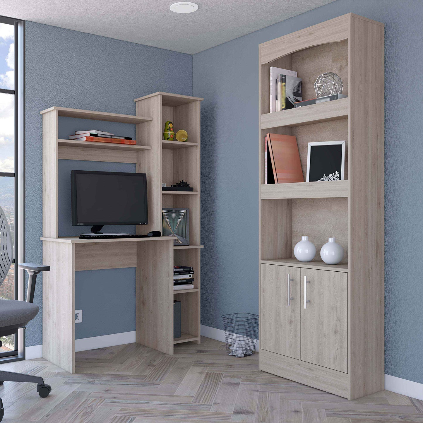 Dozza Bookcase & Aramis Desk | 2-Piece Office Set | Light Brown - - bookcase light brown office office set Wood