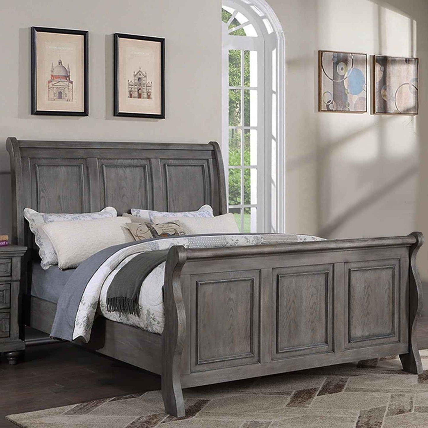 Cussius Antique California King Size Bed | Sleigh Design | Gray Oak - Default - beds