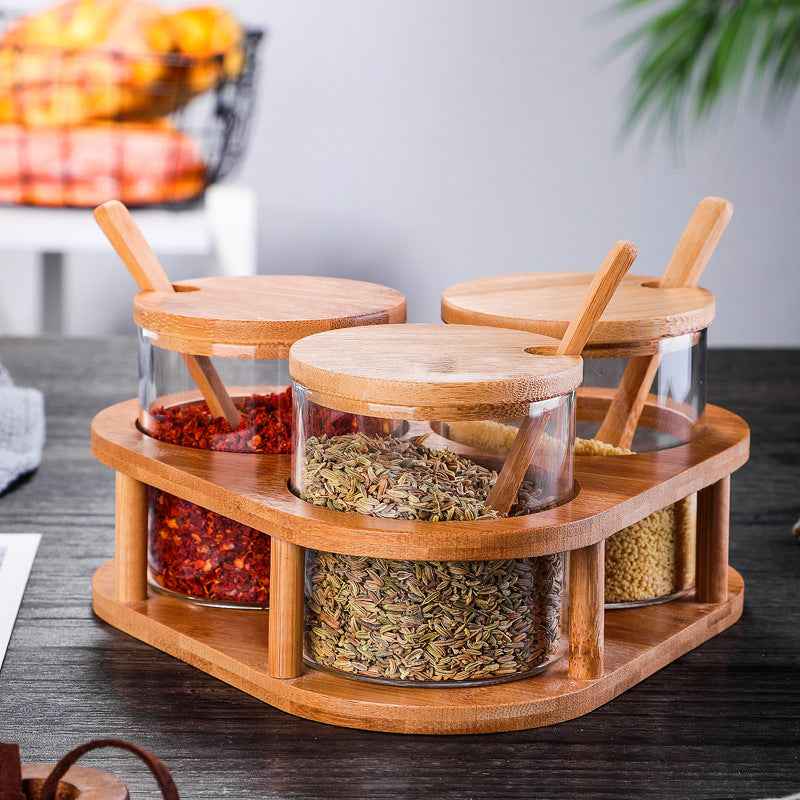 Household Seasoning Jar Set - Set Seasoning Jars - glass Pot Storage Wood
