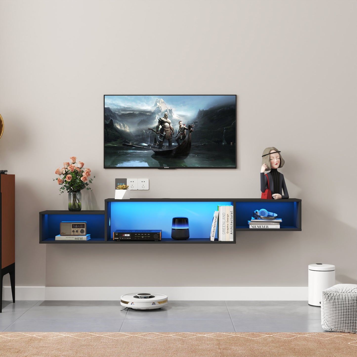 Velena Floating Wall Mounted TV Stand | Led Lights | Black - Default - tv console