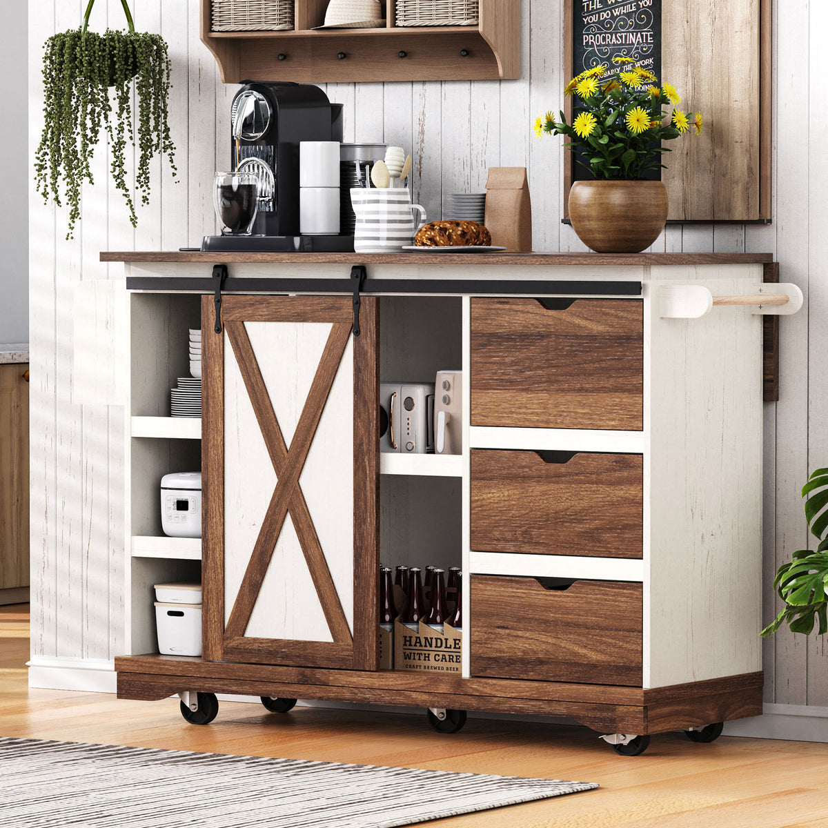 Wooden kitchen island with storage drawers and a coffee maker in a home setting.
