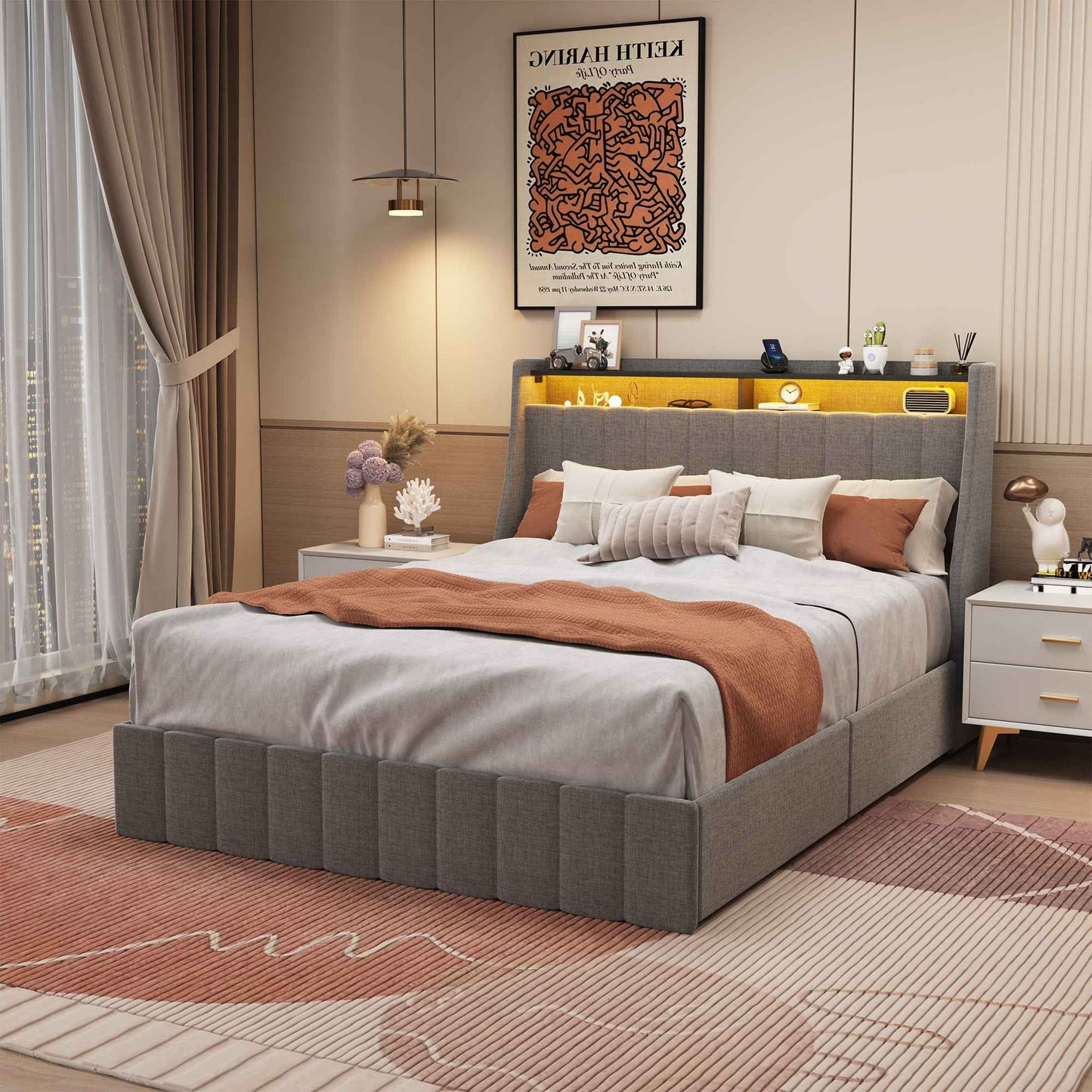 Debima Full Size Bed Frame | LED & 4 Storage Drawers | Light Grey - Default - beds