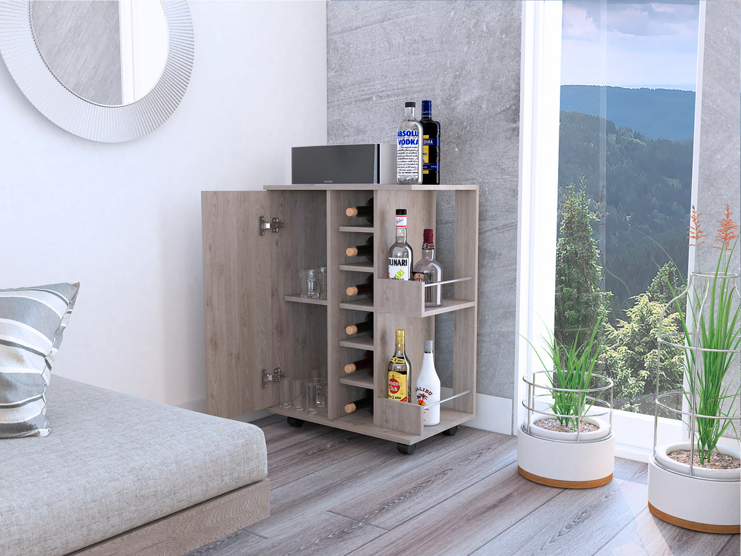Vaqos Bar Cart | Cabinet With Division | Light Grey - - cabinet grey wood