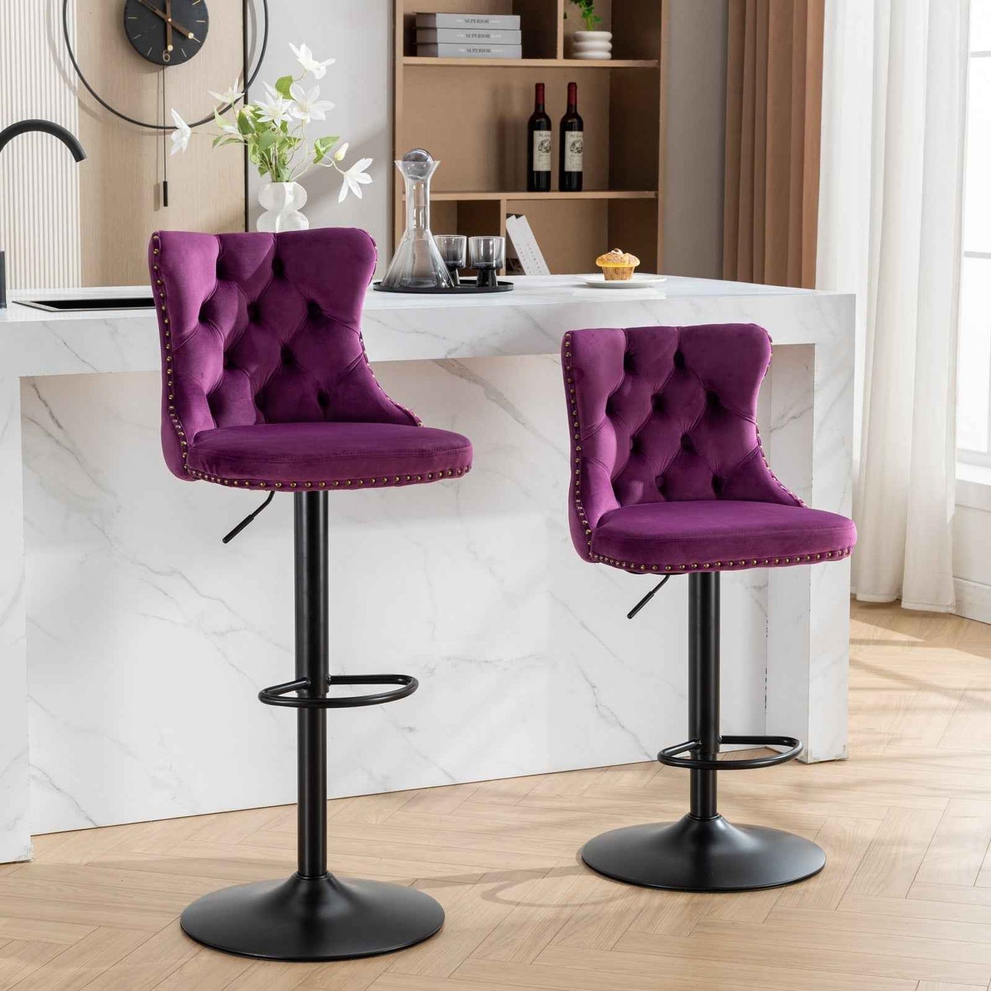 Aemina Classy Modern Bar Stools | Metal Black Base | Set of 2 | Purple Velvet - Default - bar stools