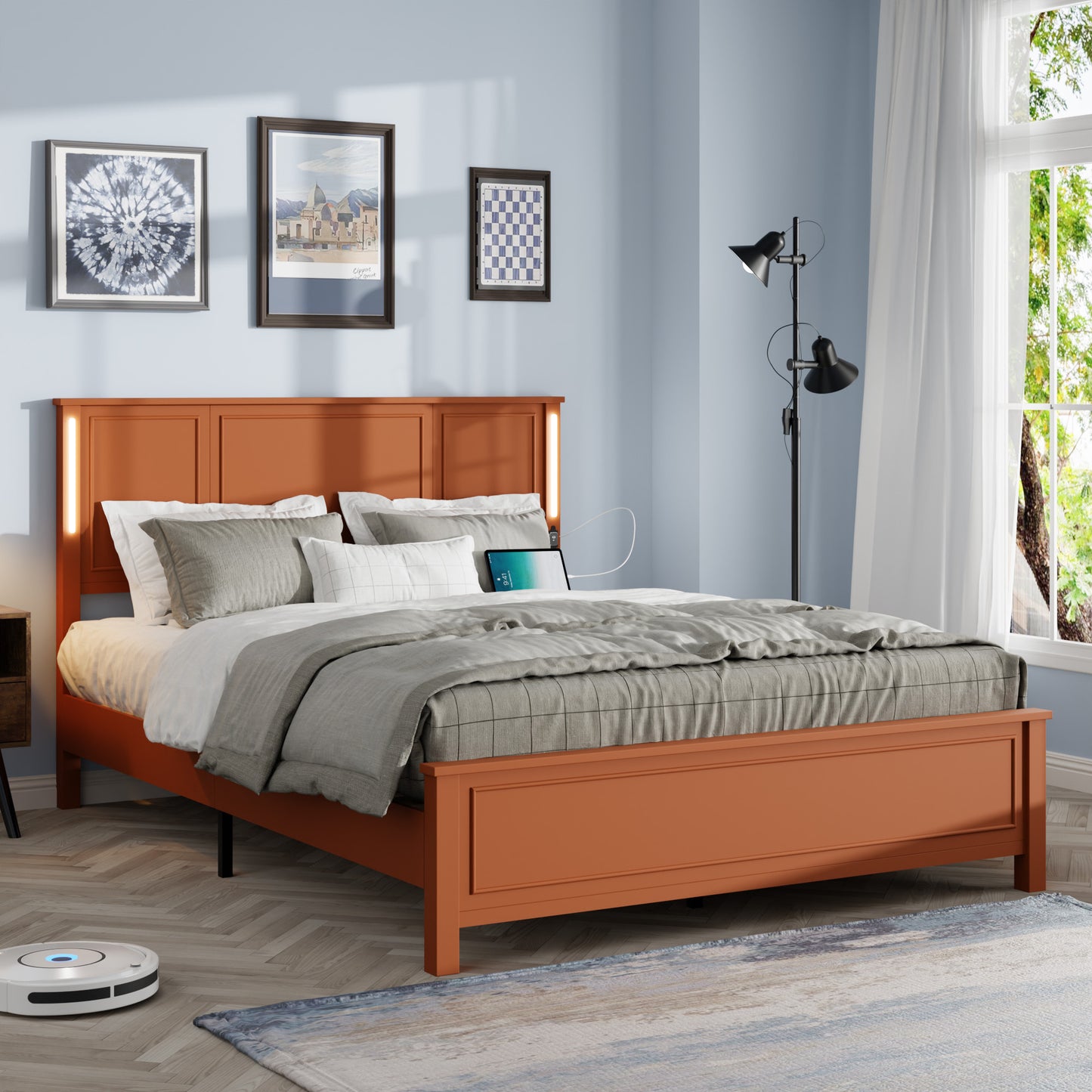 Razuda Queen Size Bed Frame | Charging Station & LED Lights | Brown - Default - beds