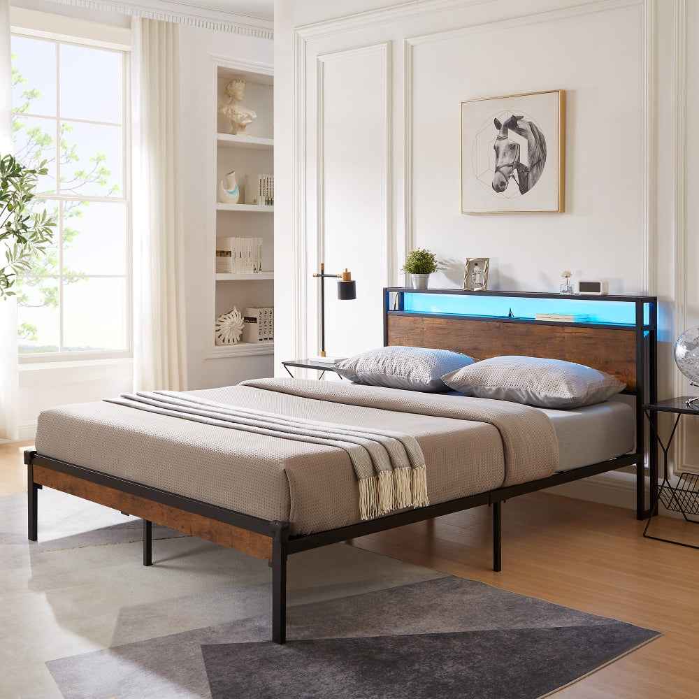 Bariath Queen Size Metal Bed Frame | USB & LED Lights | Brown & Black - Default - beds