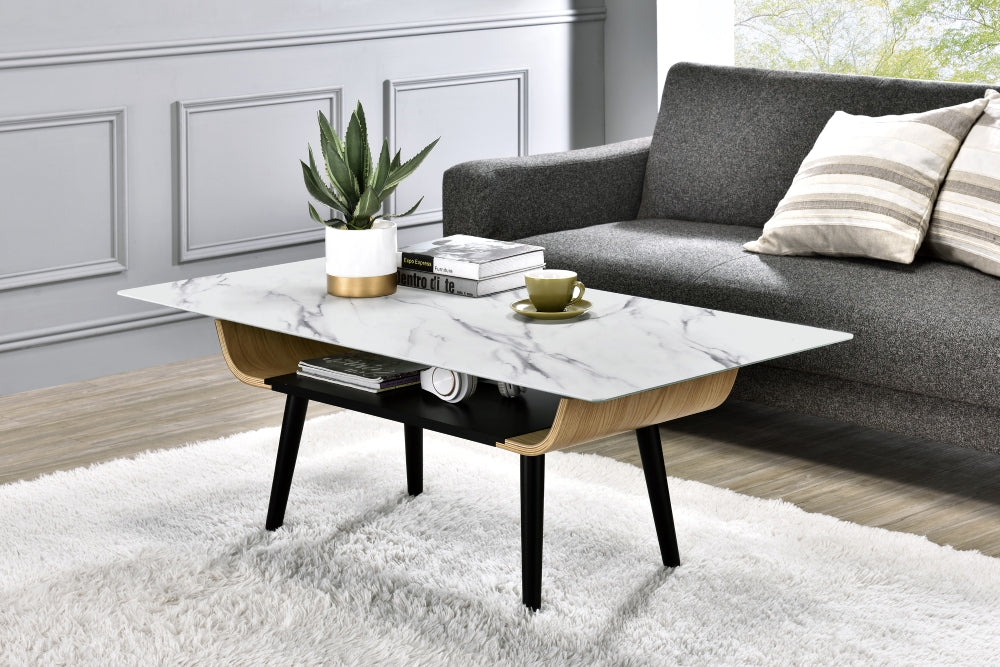 Landon 47' Coffee Table | Glass White Marble Texture Top | White - Default - tables
