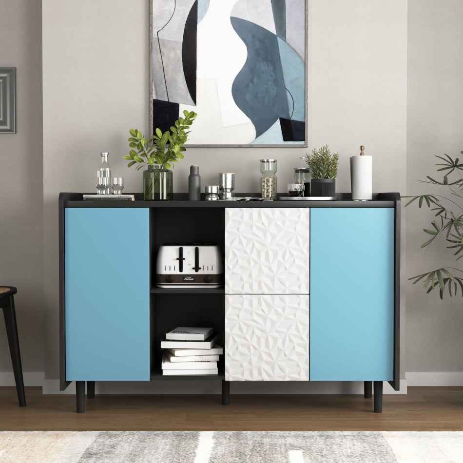 Hemsons Large Buffet Cabinet | Black, White & Light Blue - - black blue cabinet white wood