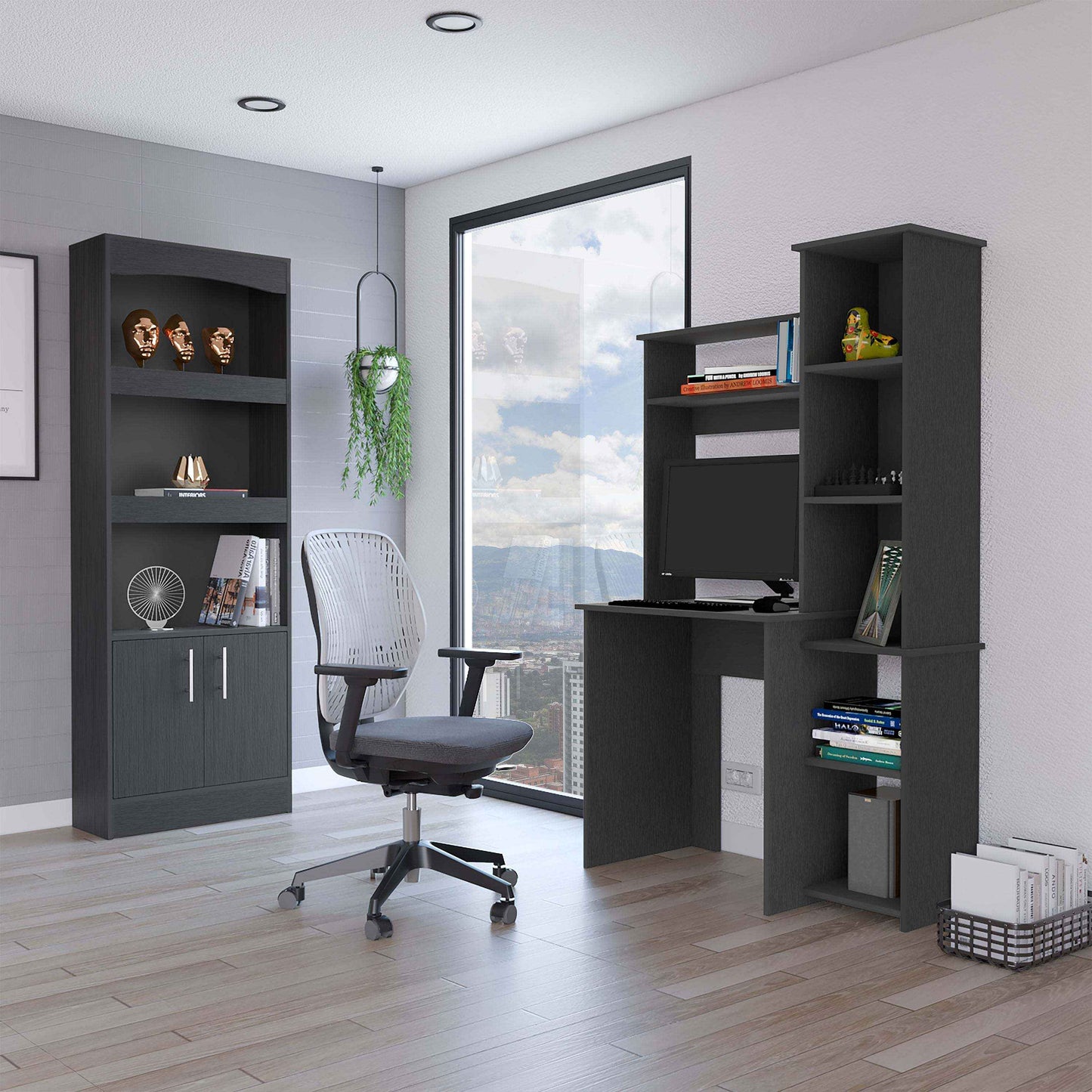 Dozza Bookcase & Aramis Desk | 2-Piece Office Set | Black - - 2-piece black bookcase desk office office set