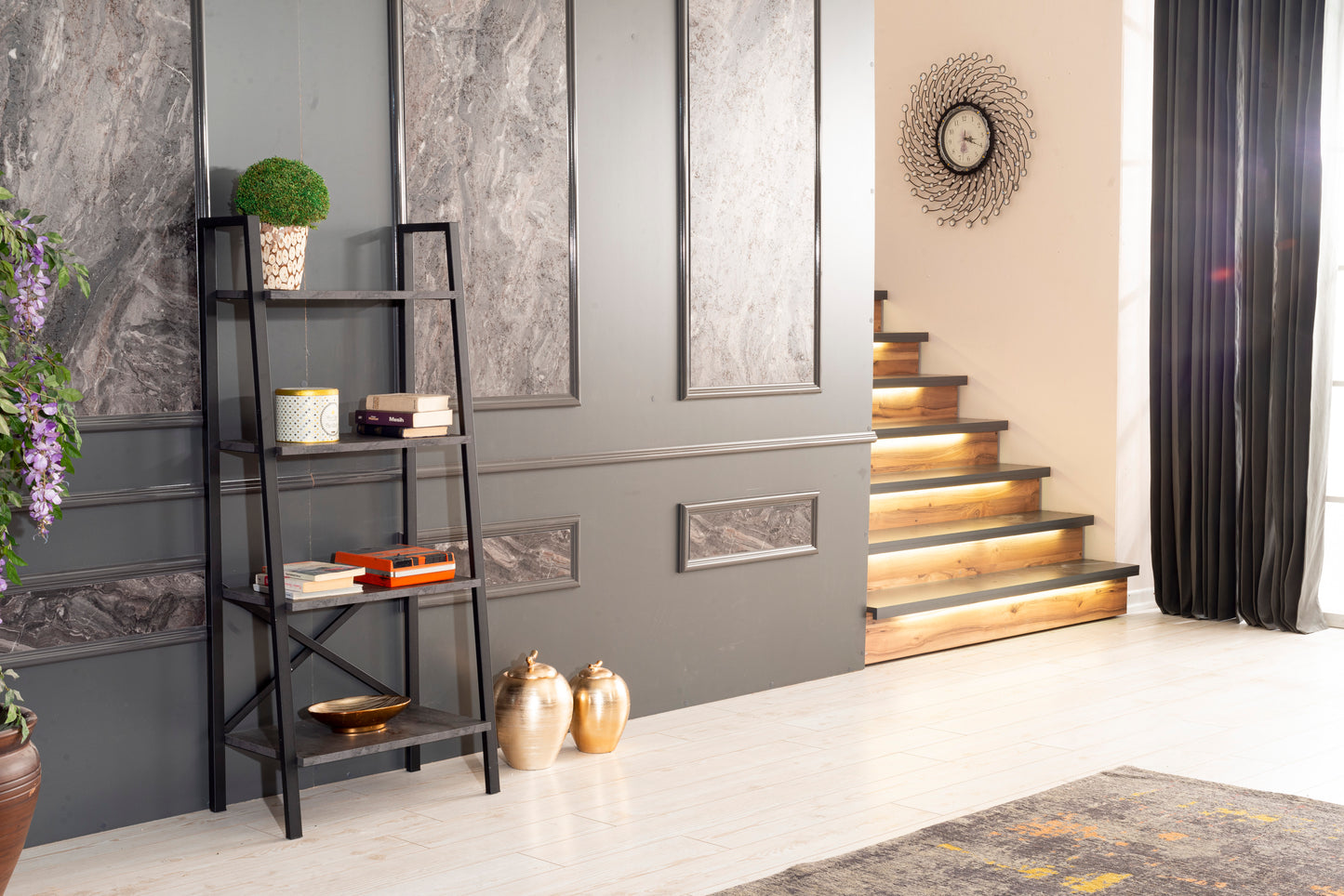 Leon Modern Ladder Bookcase | Grey - - bookcase grey metal wood