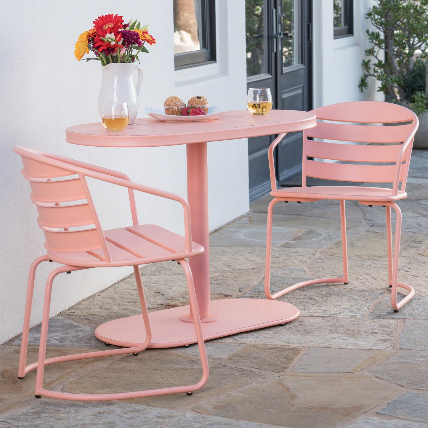Santa Monica Outdoor Metal Bistro Set | Coral - Default - garden furnishing