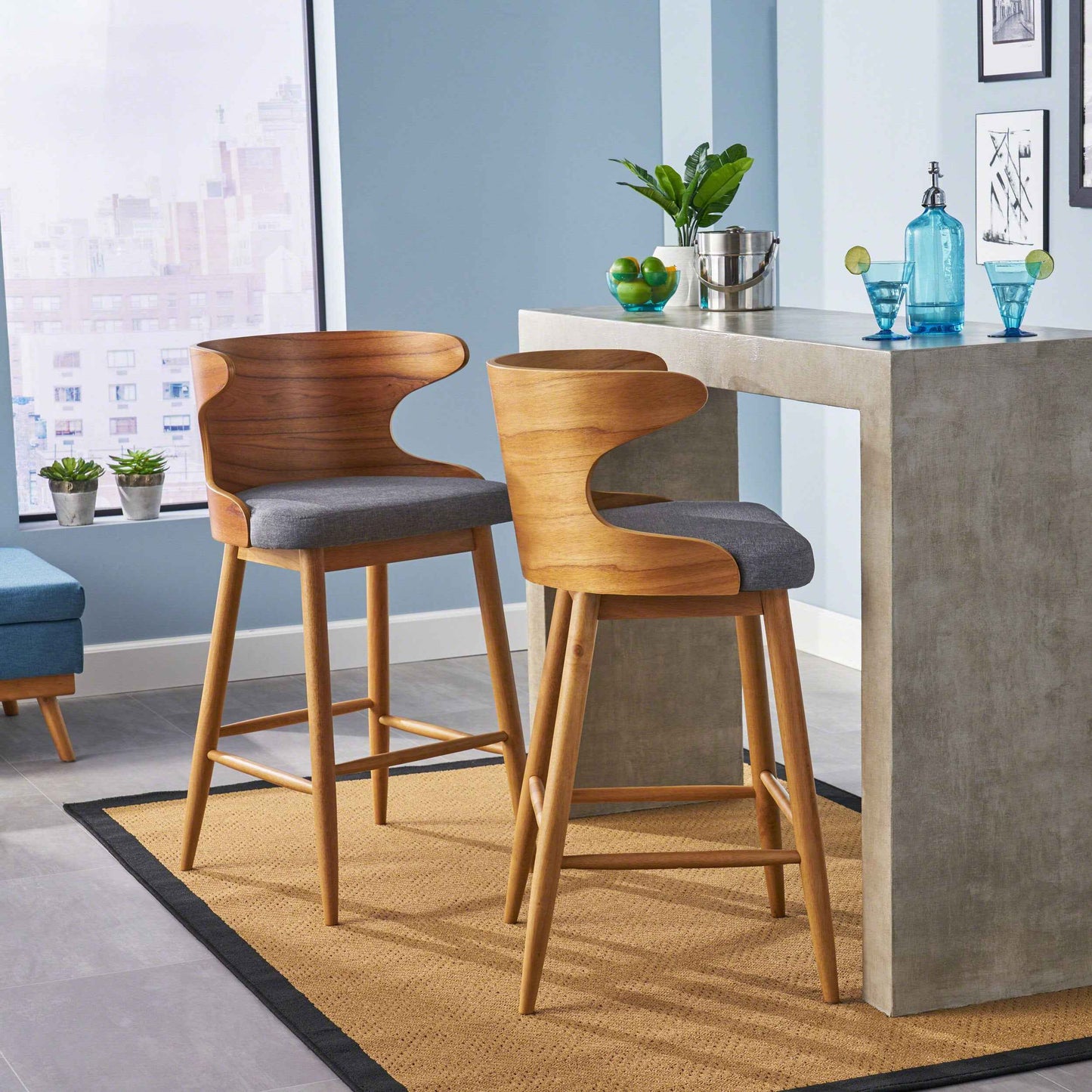 Ompare Mid-Century Bar Chairs | Set of 2 | Brown & Gray - Default - bar stools