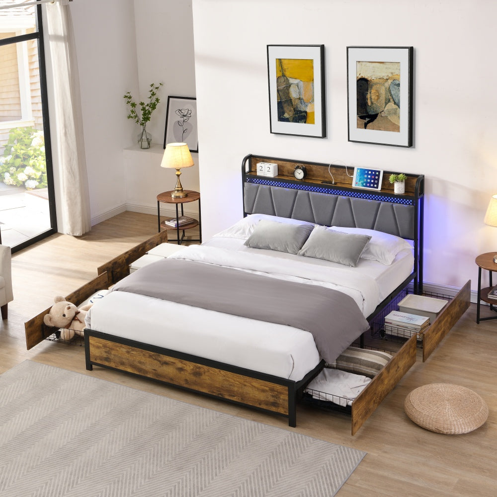 Magico Full Size Bed Frame | Storage Drawers & LED Lights | Brown & Gray - Default - beds