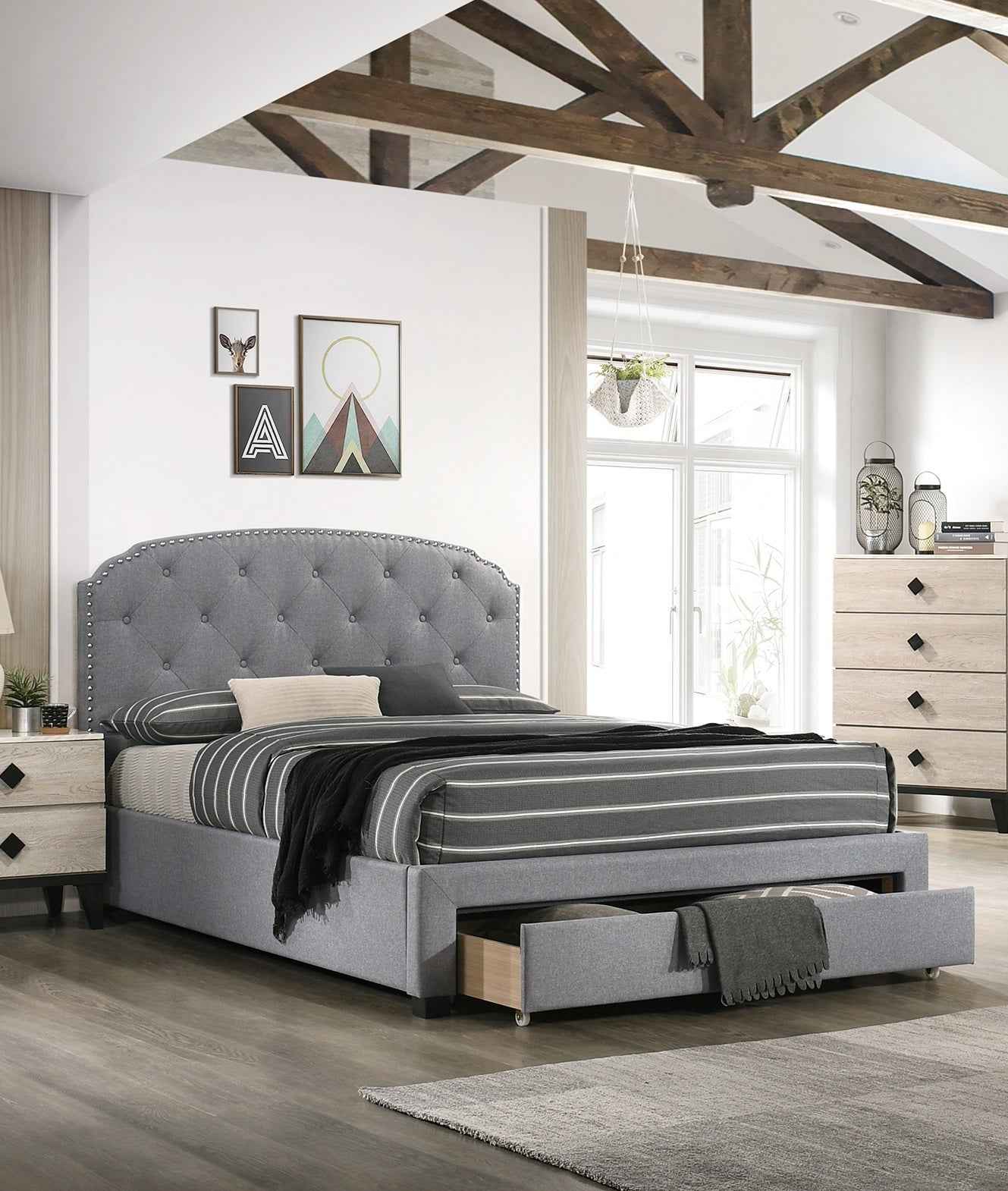Honisma Twin Size Button Tufted Bed | Light Grey Burlap Fabric - Default - beds
