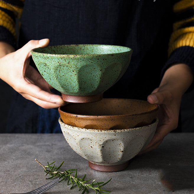 Japanese Handmade Rice Bowl - - beige bowl brown Ceramic dinnerware green Tableware yellow