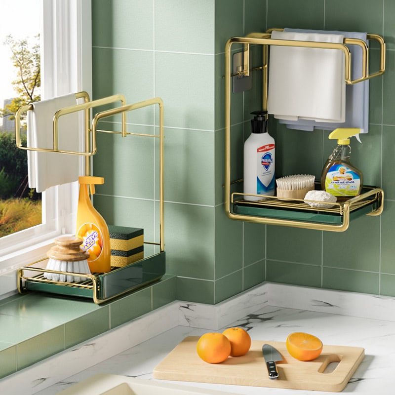 Kitchen Rag Drainer & Storage Rack - - Drainer gold green Rack Shelf Towel Bar