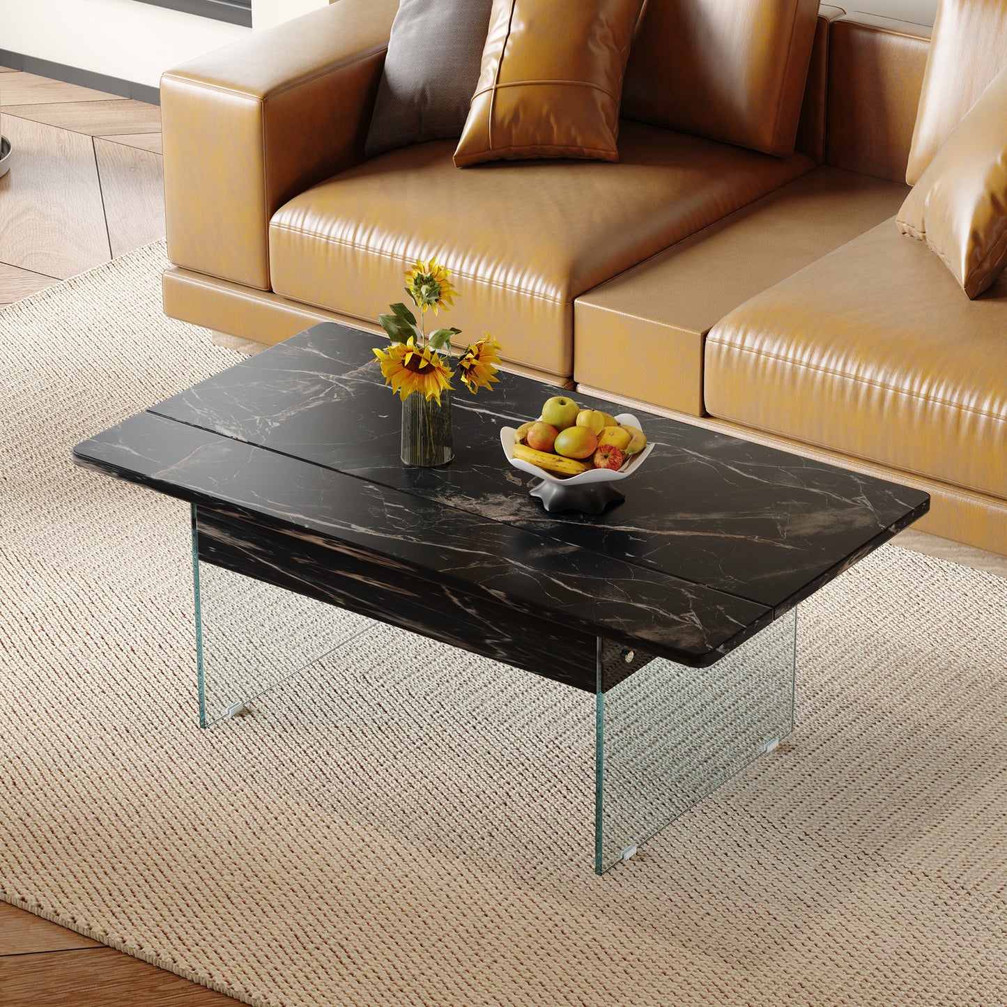 Rishito Lift-Top Coffee Table | Black - Default - coffee table marble tempered glass