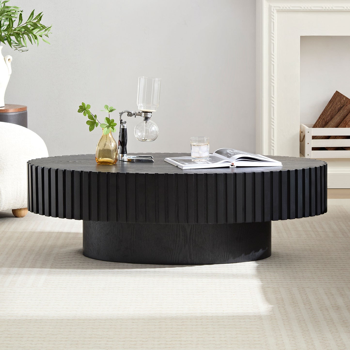 Pessidia 43'' Ellipse Handcraft Drum Center Table | Matt Black - - tables