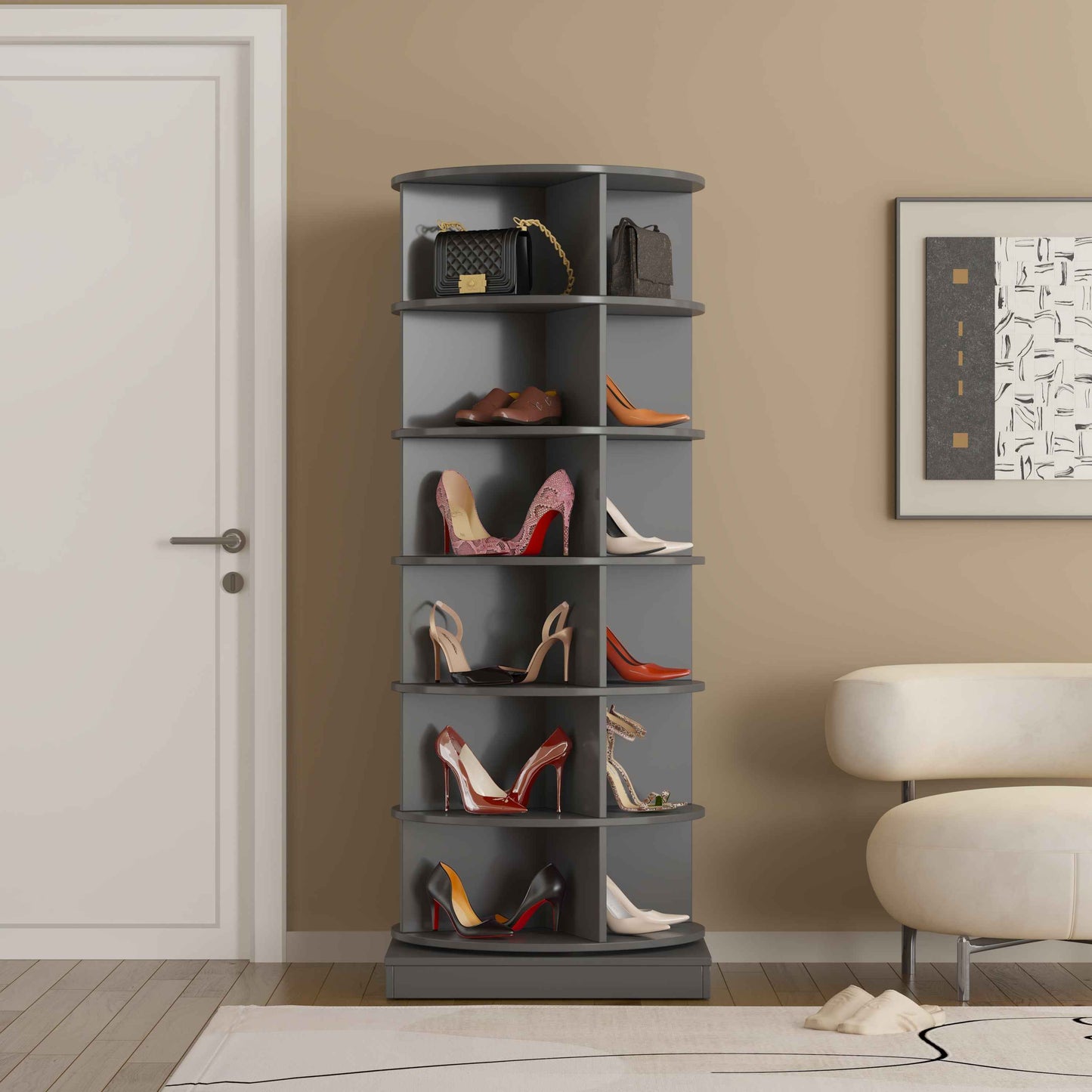 Arkman 360 Rotating Shoe Cabinet | 6 Layers | Grey - - cabinet grey wood