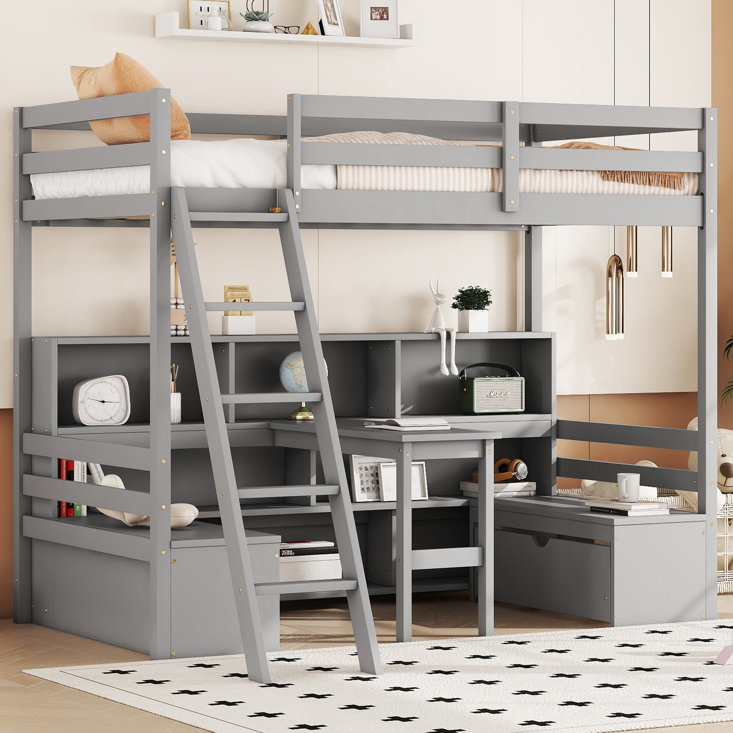 Rocis Twin Loft Bed | Desk & Drawers | Grey - Default - beds