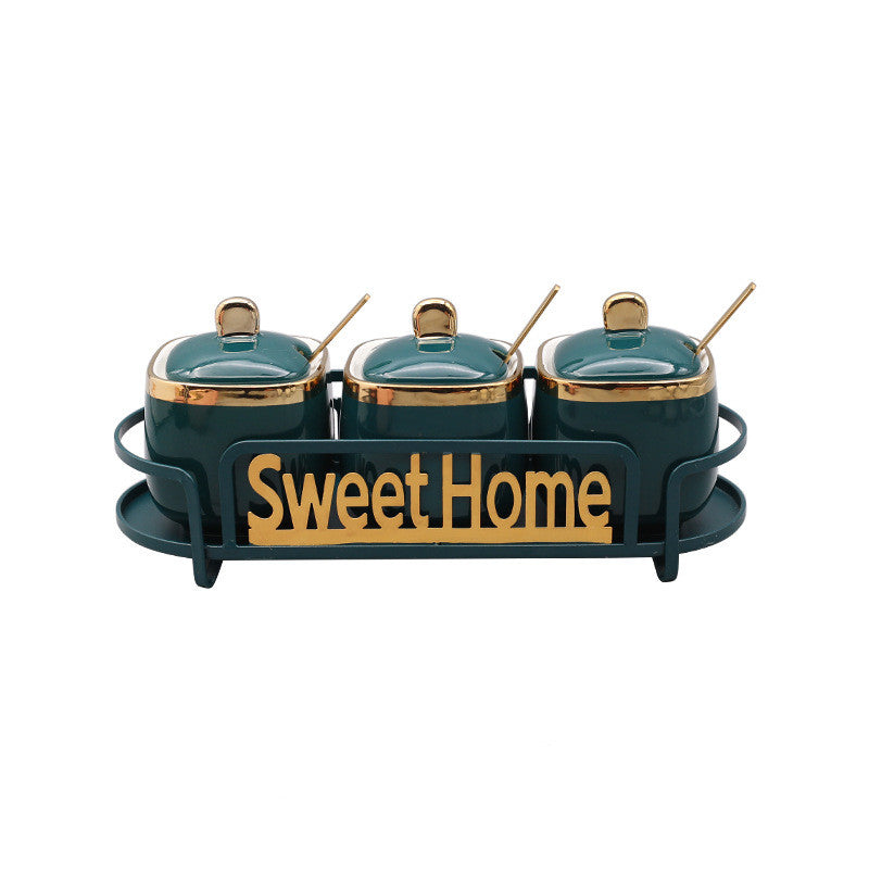 Spice Box Storage Rack - 3 Green Cans Plus Iron Frame Plus 3 Spoons - Ceramic green Jar pink Rack Storage white