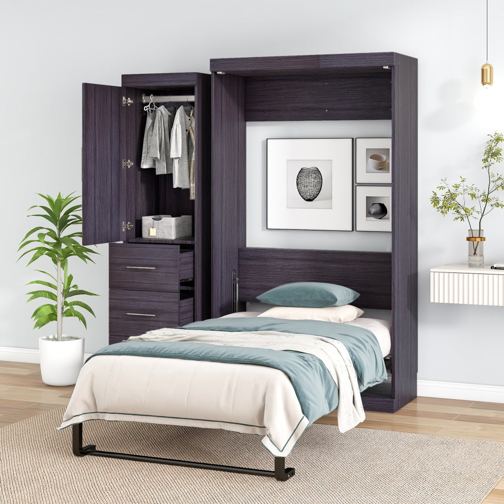 Proster Twin Size Murphy Bed | Wardrobe & Drawers | Dark Brown - Default - beds