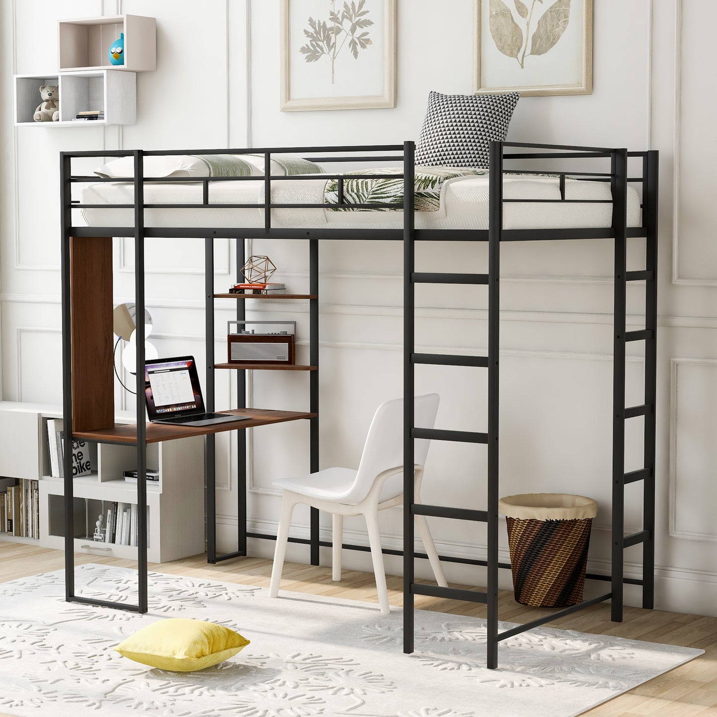 Mentili Twin Metal Loft Bed | Shelves & Desk | Black - Default - beds