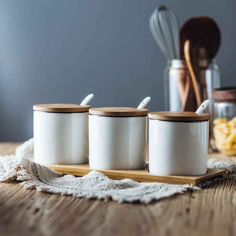 Ceramic seasoning box set household seasoning box - White - Ceramic Jar Pot white