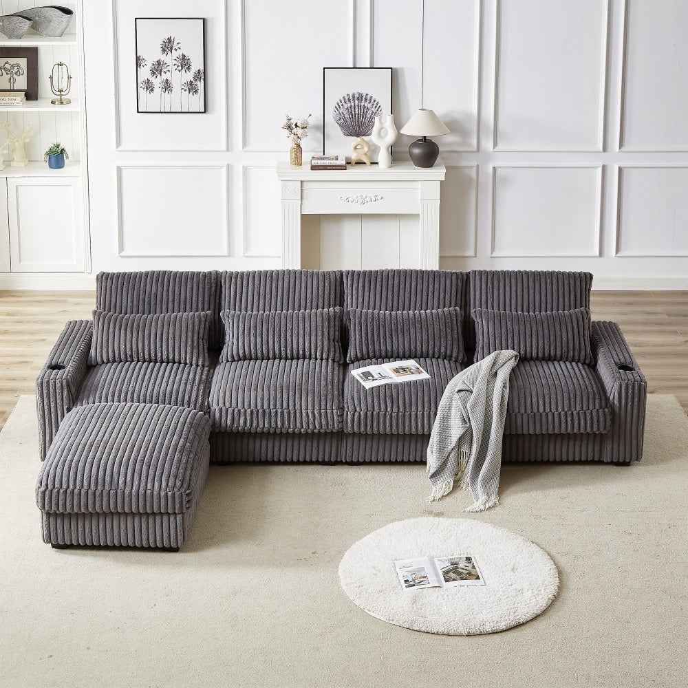 Fellex 126'' Corduroy L-Shaped Sofa | Cup Holder & USB Ports | Grey - - sofa