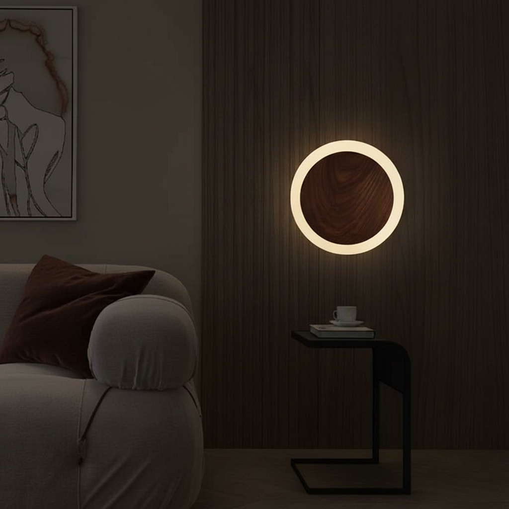 A modern circular wall lamp with a warm glowing LED ring and a dark wood-grain center, mounted on a dark wood-paneled wall next to a side table and sofa.