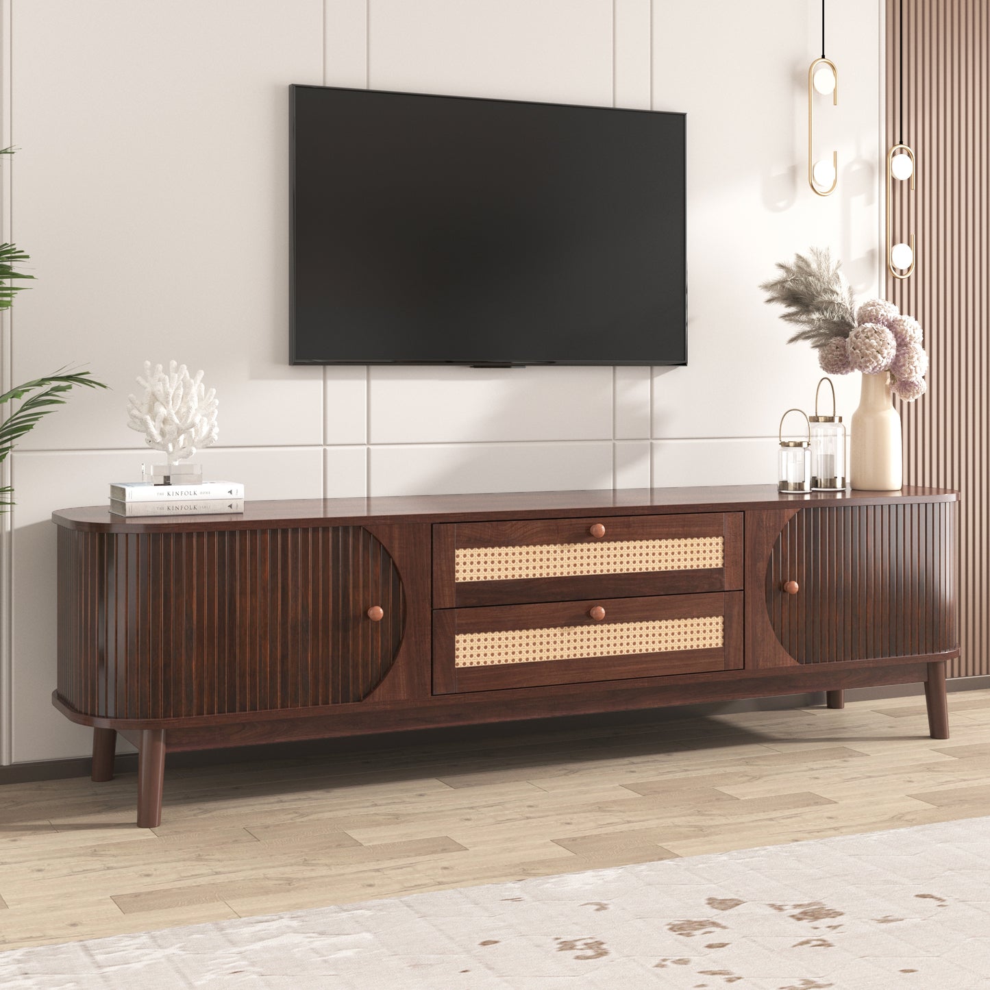 Lasathra Farmhouse Rattan TV Stand | Up To 75'' | Brown - Default - tv console