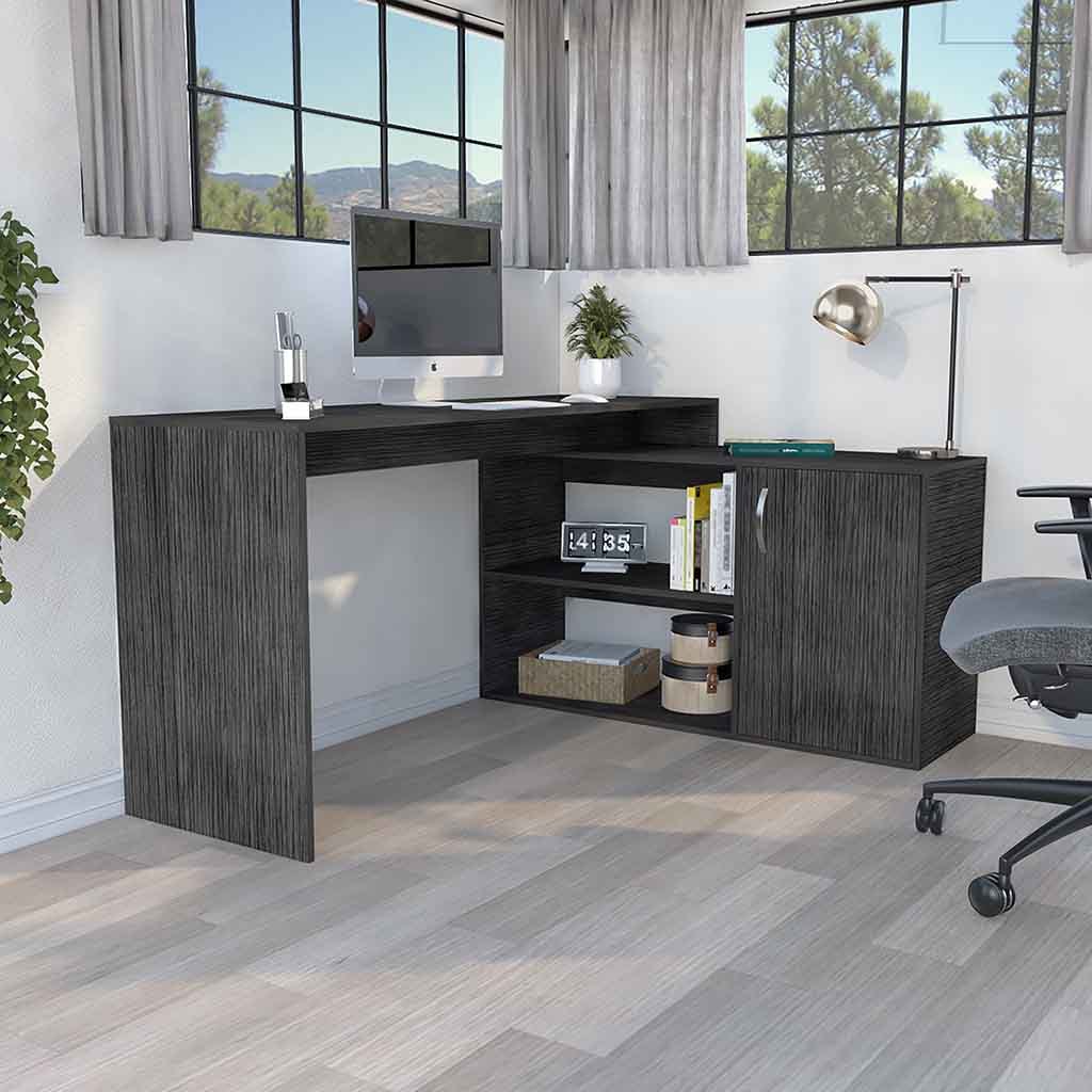 Iuniv L-Shaped Office Desk | Smokey Oak - - desk grey office smokey oak