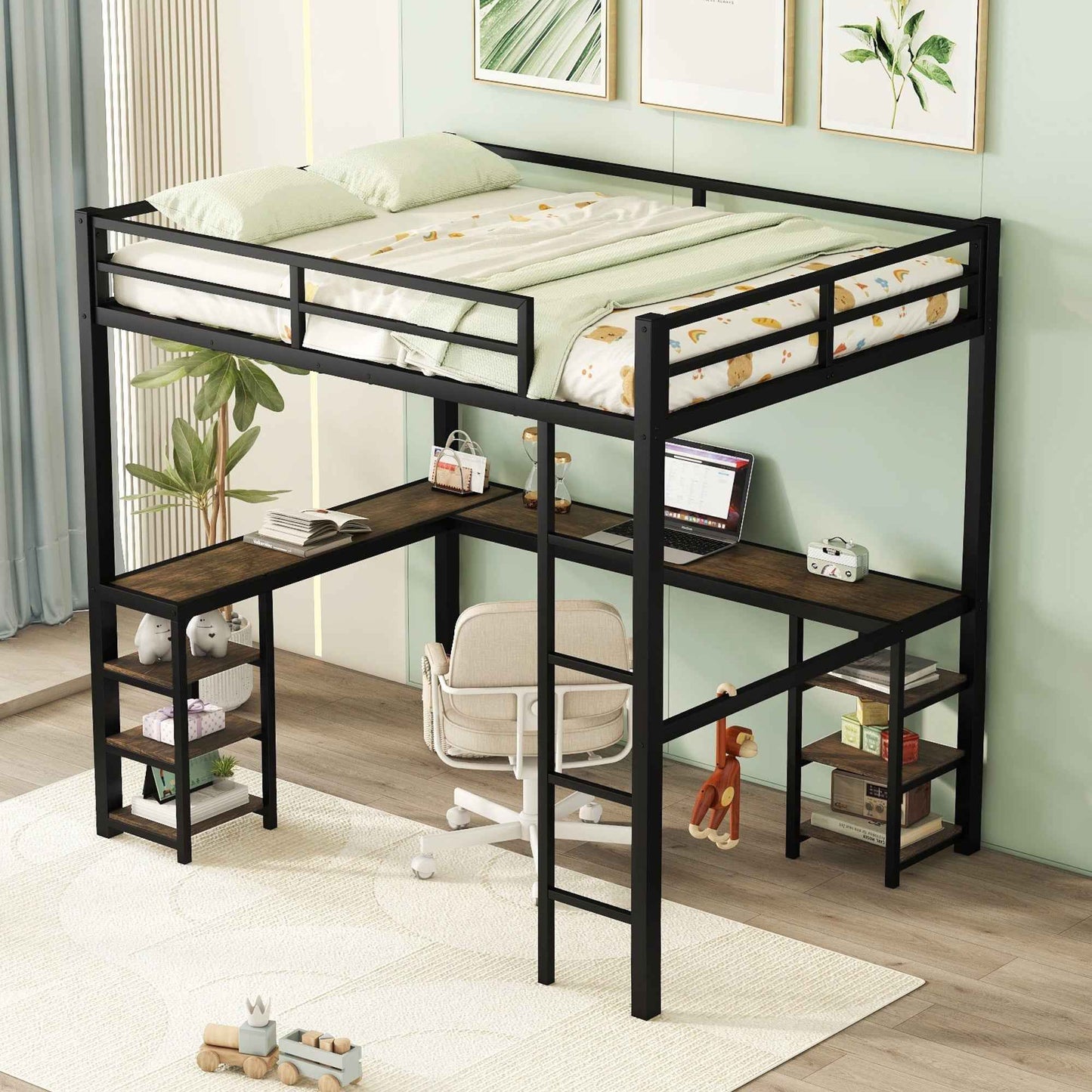 Bethurt Full Metal Loft Bed | Desk & Shelves | Black - Default - beds