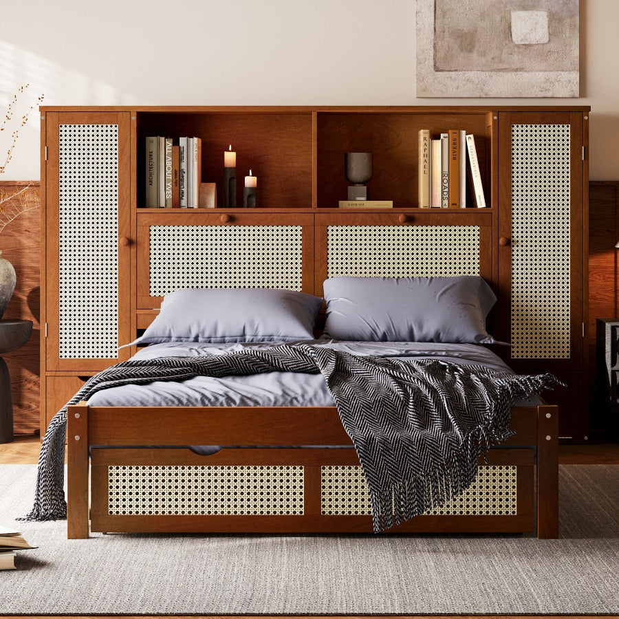 Varium Rattan Twin Size Wooden Bed | Storage Headboard | Walnut - Default - beds